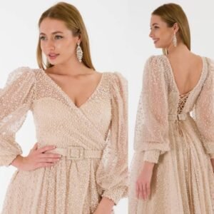 Champagne Beaded Maxi Dress with Leg Slit