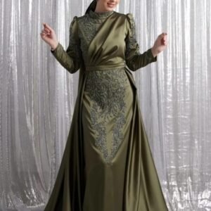 Elegant Olive Green Beaded Satin Evening Gown